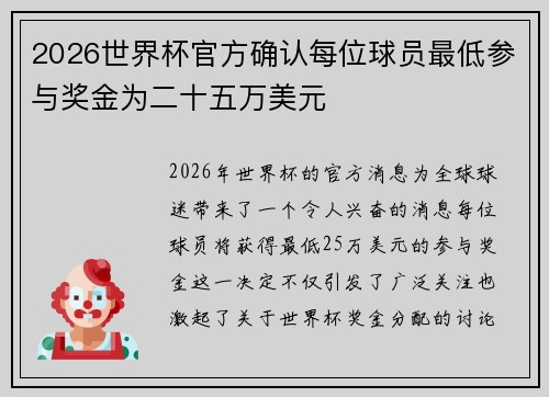 2026世界杯官方确认每位球员最低参与奖金为二十五万美元 2026世界杯官方确认每位球员最低参与奖金为二十五万美元