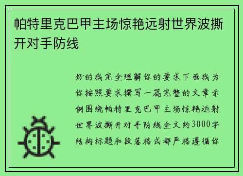 帕特里克巴甲主场惊艳远射世界波撕开对手防线 帕特里克巴甲主场惊艳远射世界波撕开对手防线